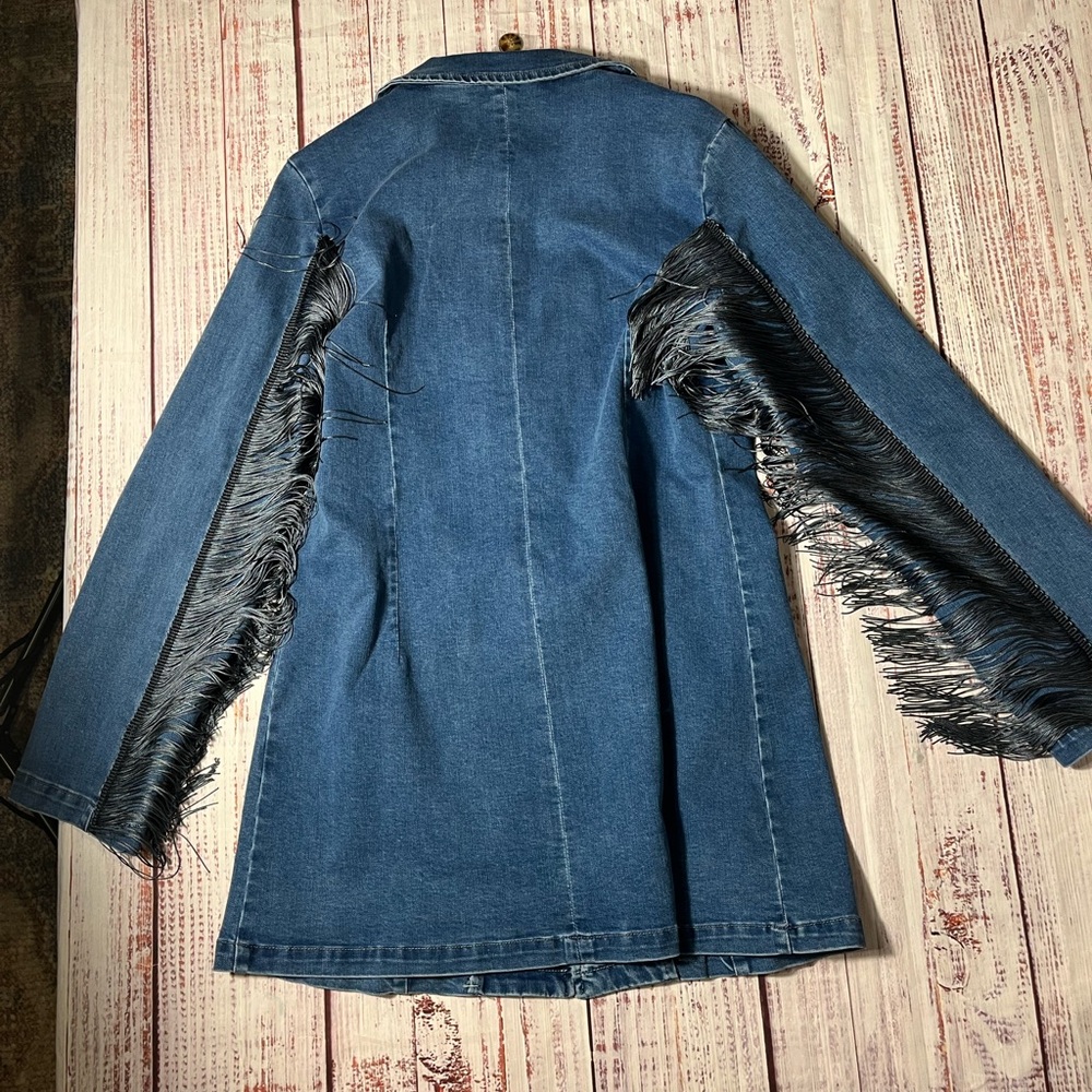 Denim Fringe Longline Jacket - Blue - Picture 2 of 6